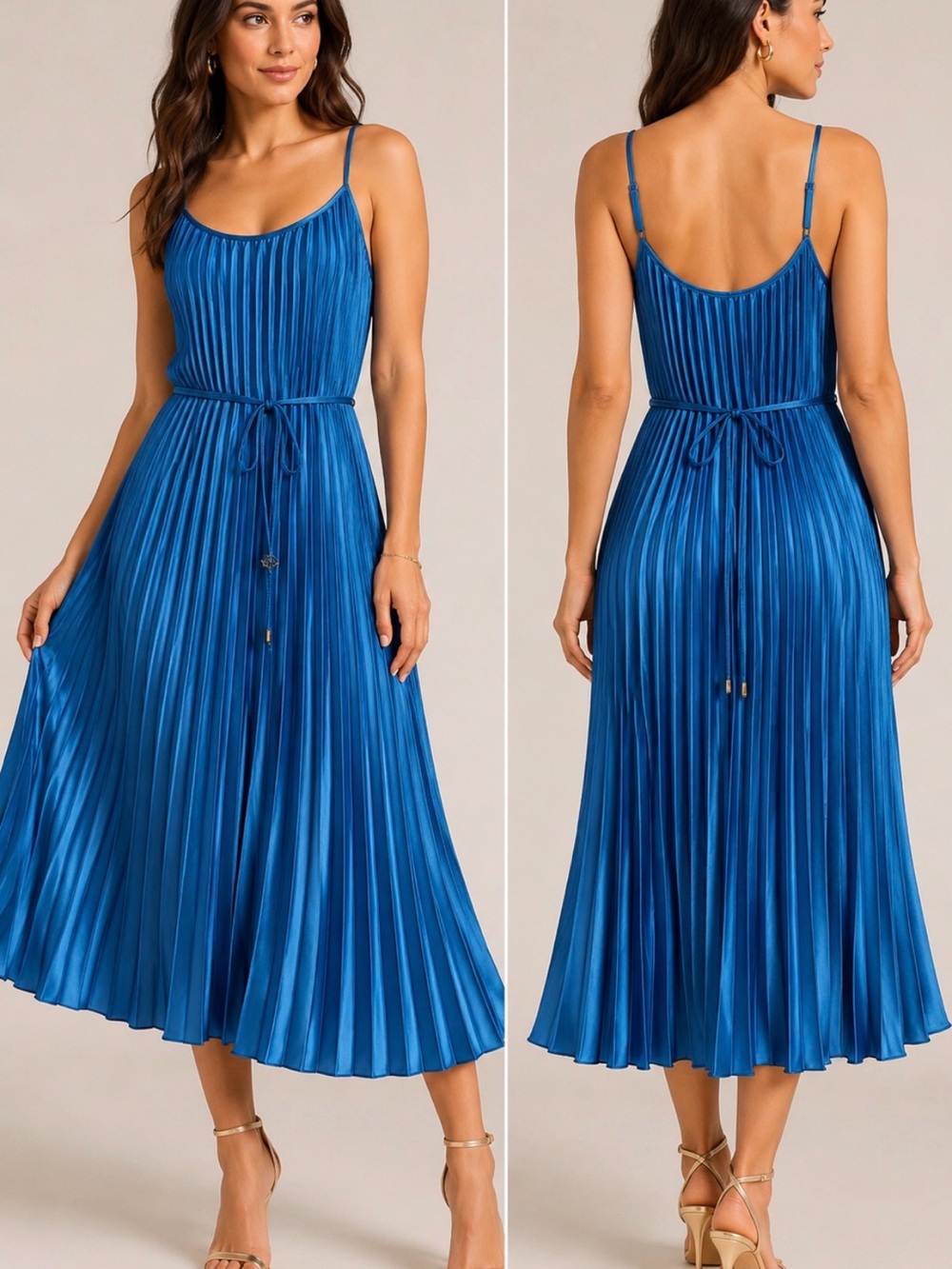 Sam Edelman Pleated Midi Dress Blue Sleeveless Tie Waist NWT Large